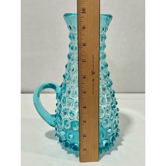 Vintage Handblown Hobnail Glass Aqua Blue Large 9.75" Tall Handled Pitcher - Picture 9 of 12